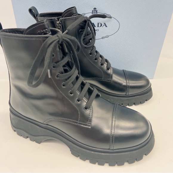 Prada Lug-Sole Leather Combat Boots - Picture 5 of 15